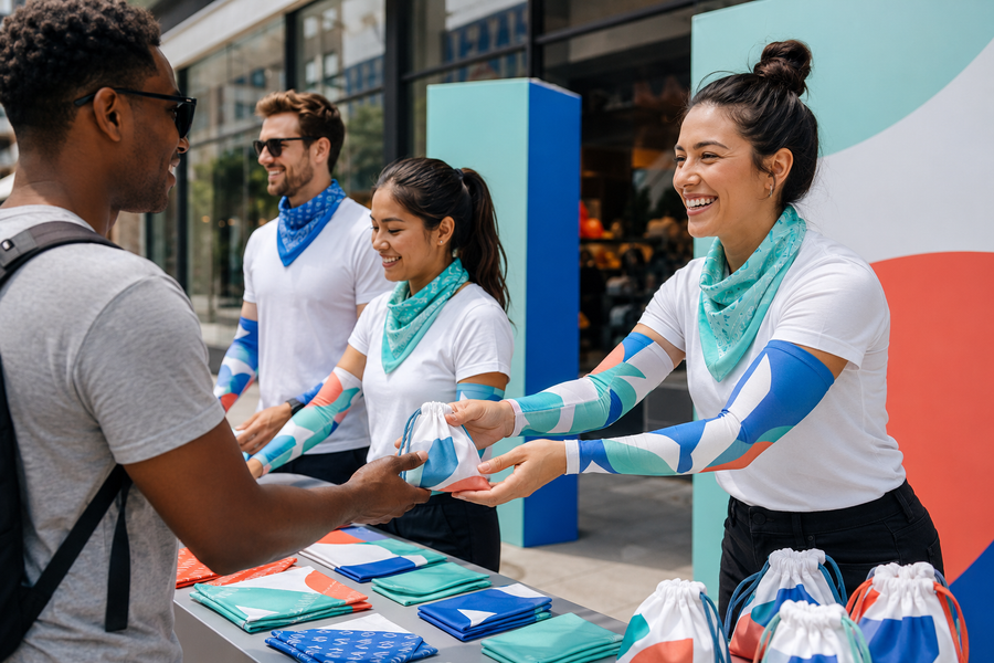 Custom printed RPET bandana and sleeve direction for brand activation programs