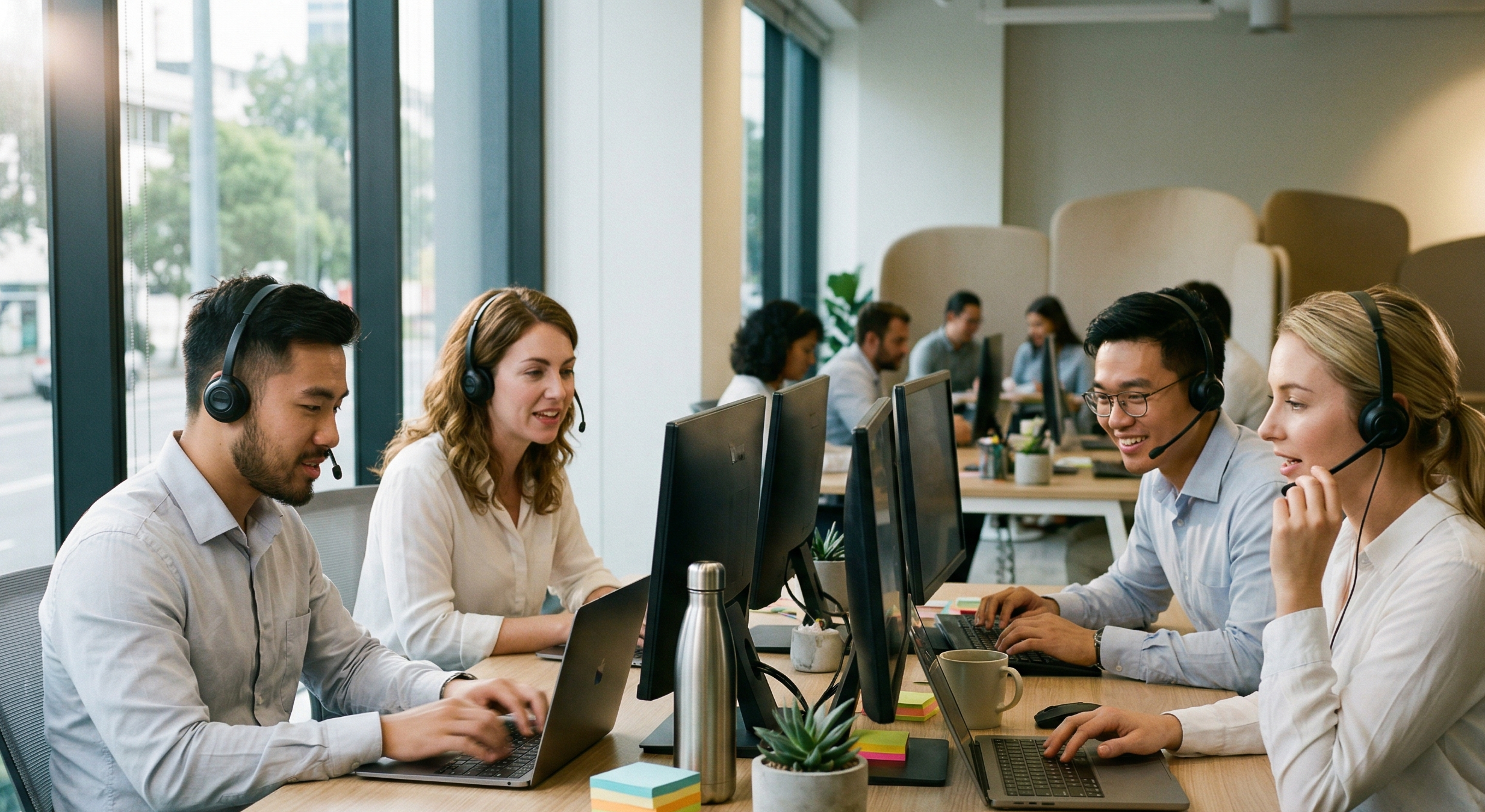 Group of customer support working in a modern office setting with computers and headphones.