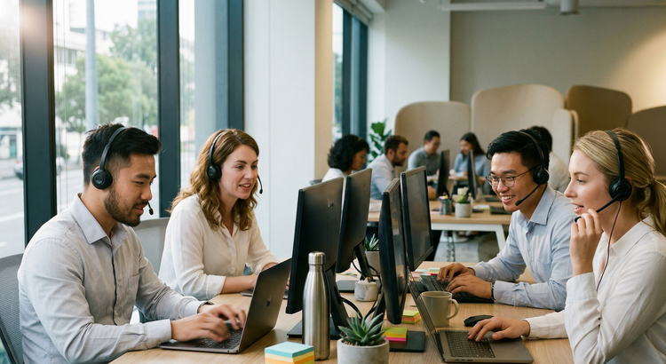 Group of customer support working in a modern office setting with computers and headphones.
