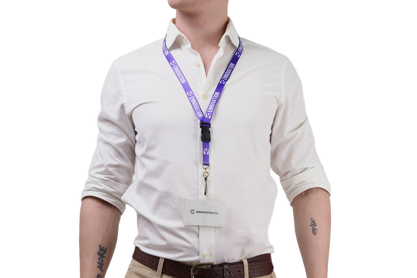 Double bulldog clip badge attachment on Ehua Lanyard