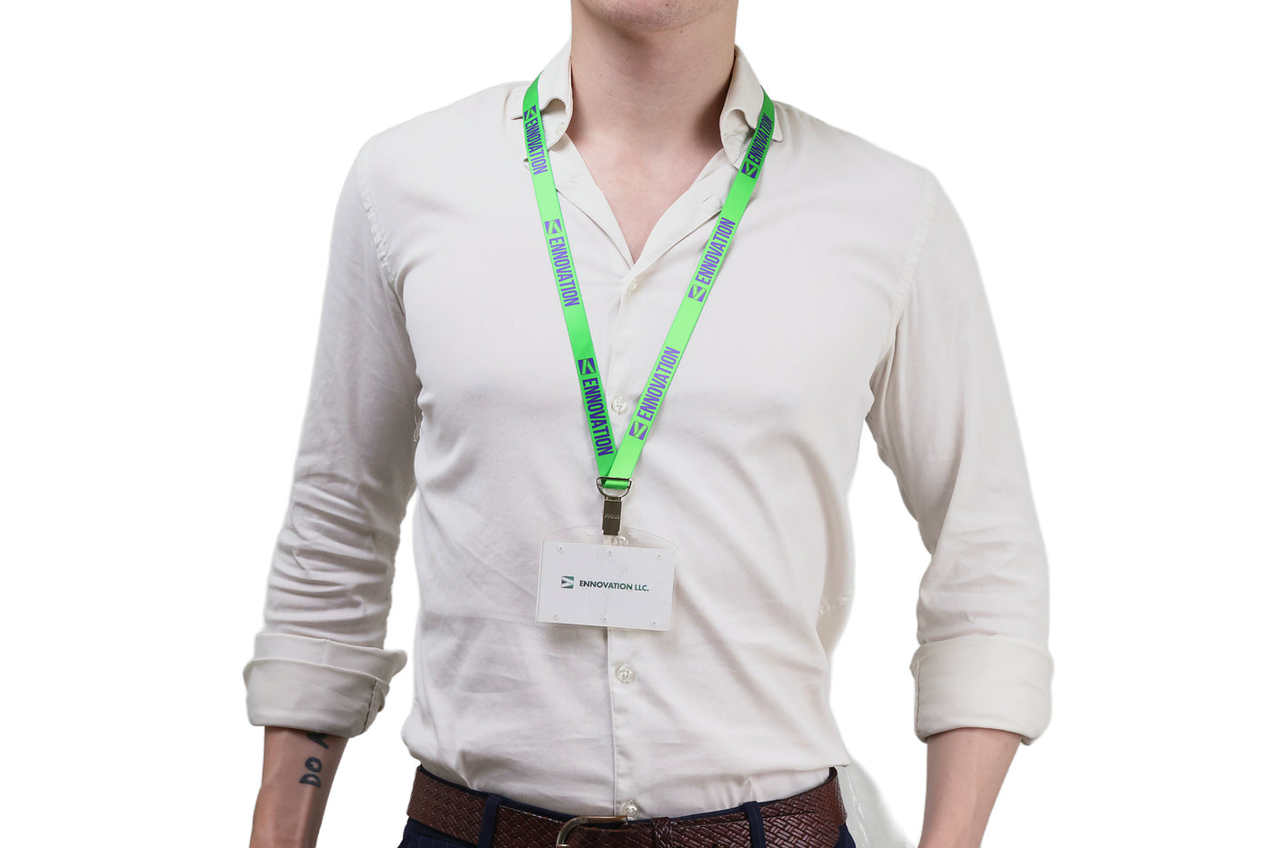 Double bulldog clip badge attachment on Ehua Lanyard