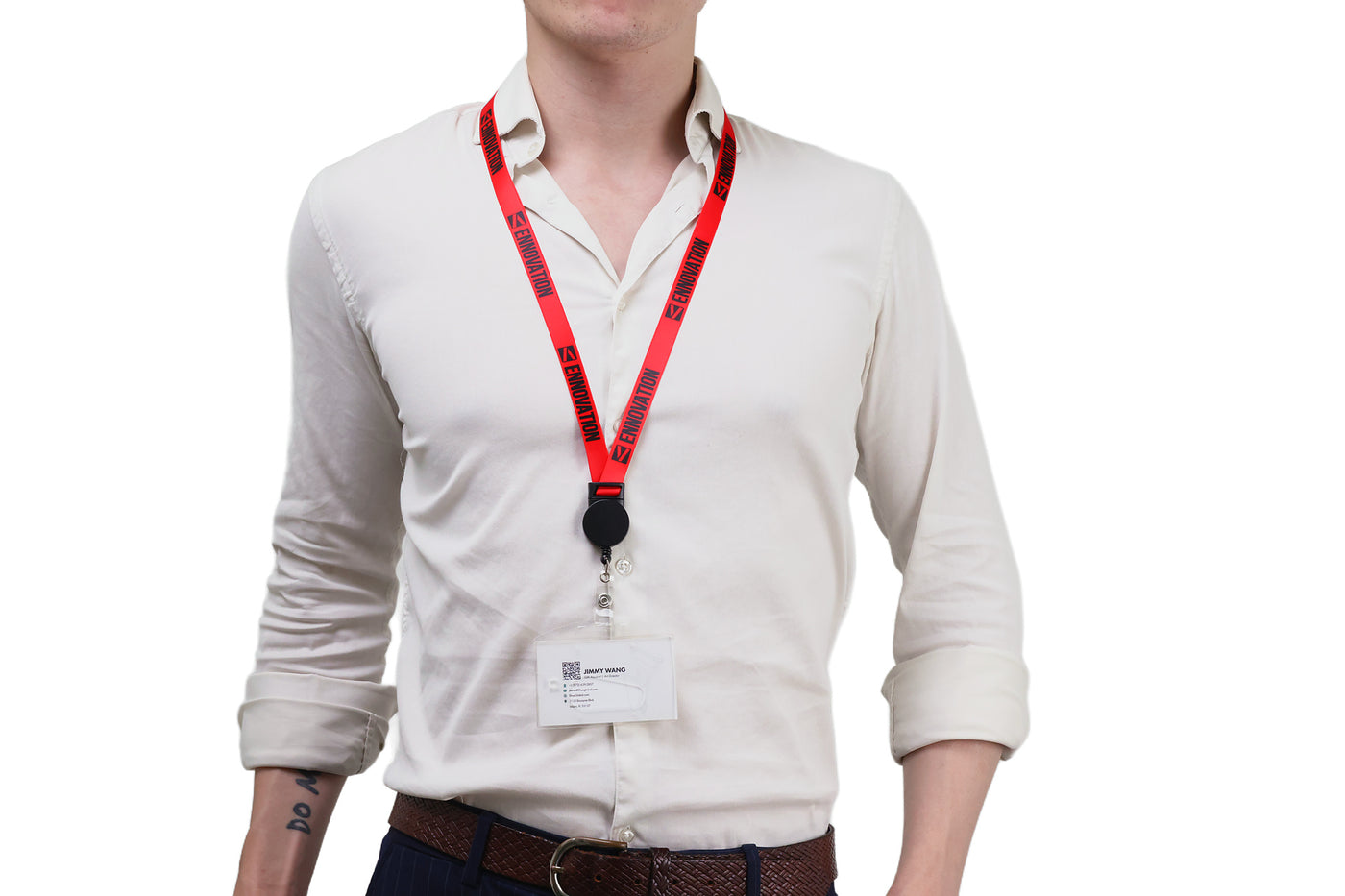 Double bulldog clip badge attachment on Ehua Lanyard