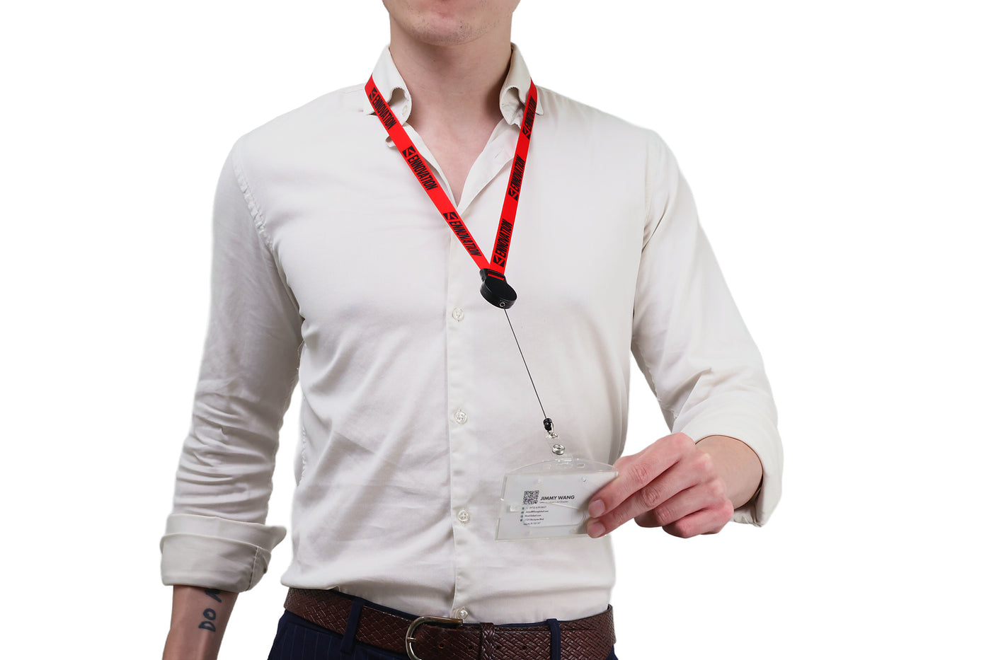 Double bulldog clip badge attachment on Ehua Lanyard