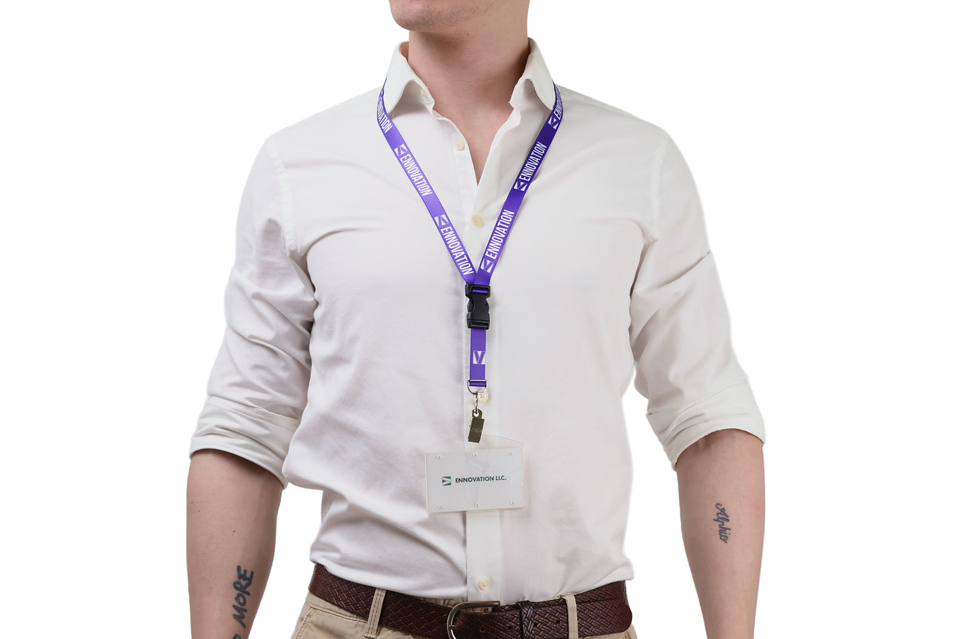 Double bulldog clip badge attachment on Ehua Lanyard
