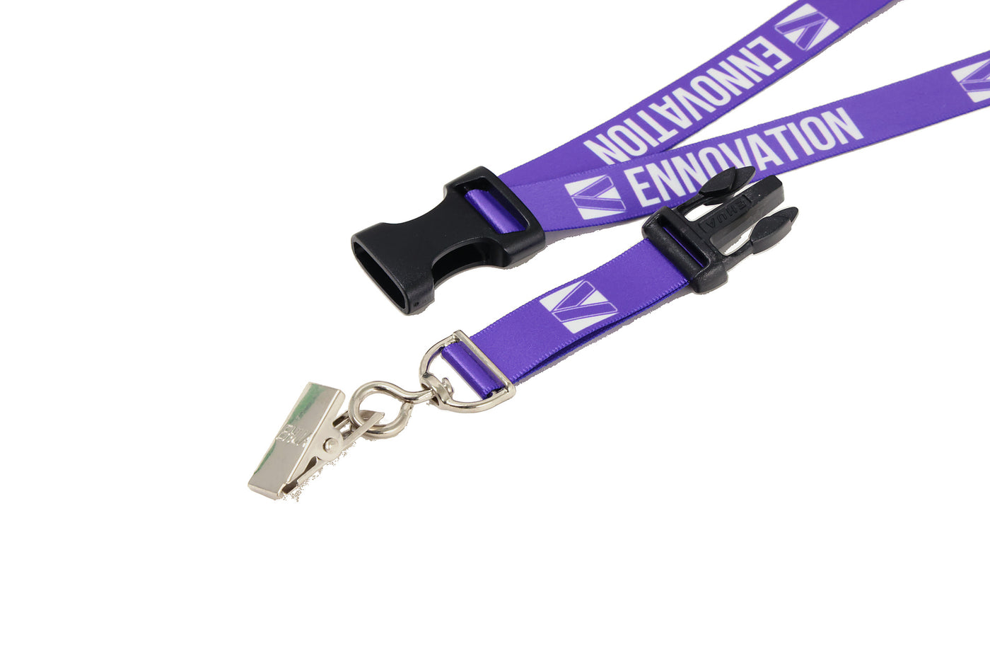 Double bulldog clip badge attachment on Ehua Lanyard