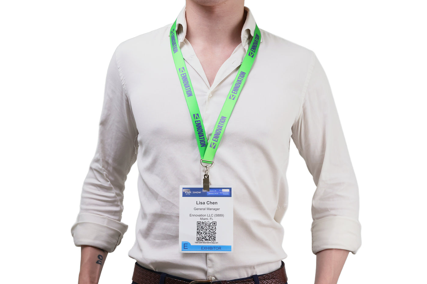 Double bulldog clip badge attachment on Ehua Lanyard
