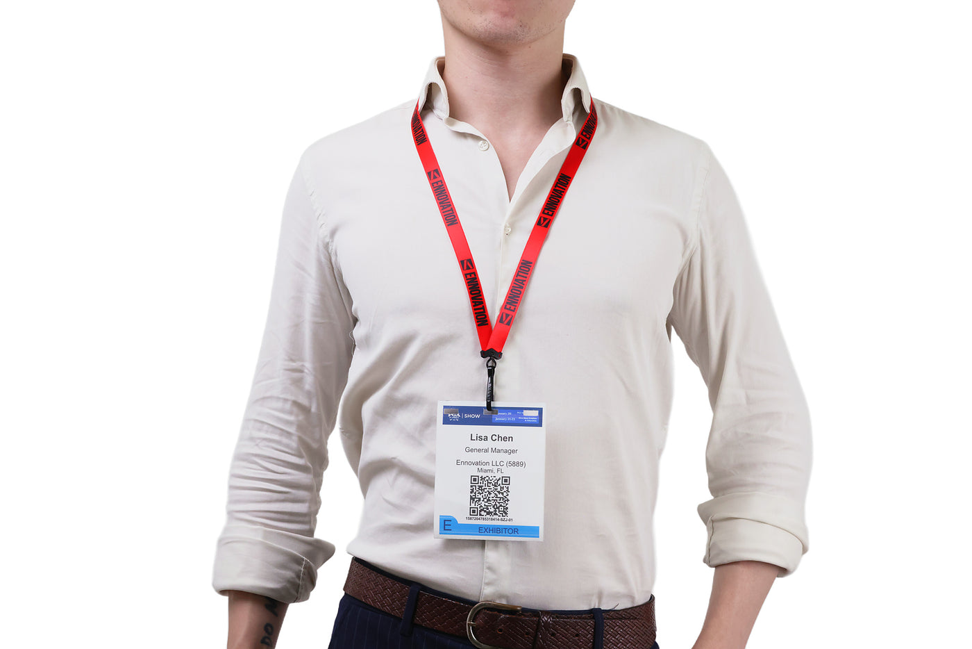 Double bulldog clip badge attachment on Ehua Lanyard