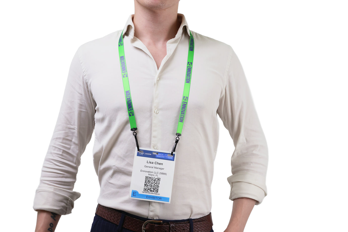 Double bulldog clip badge attachment on Ehua Lanyard