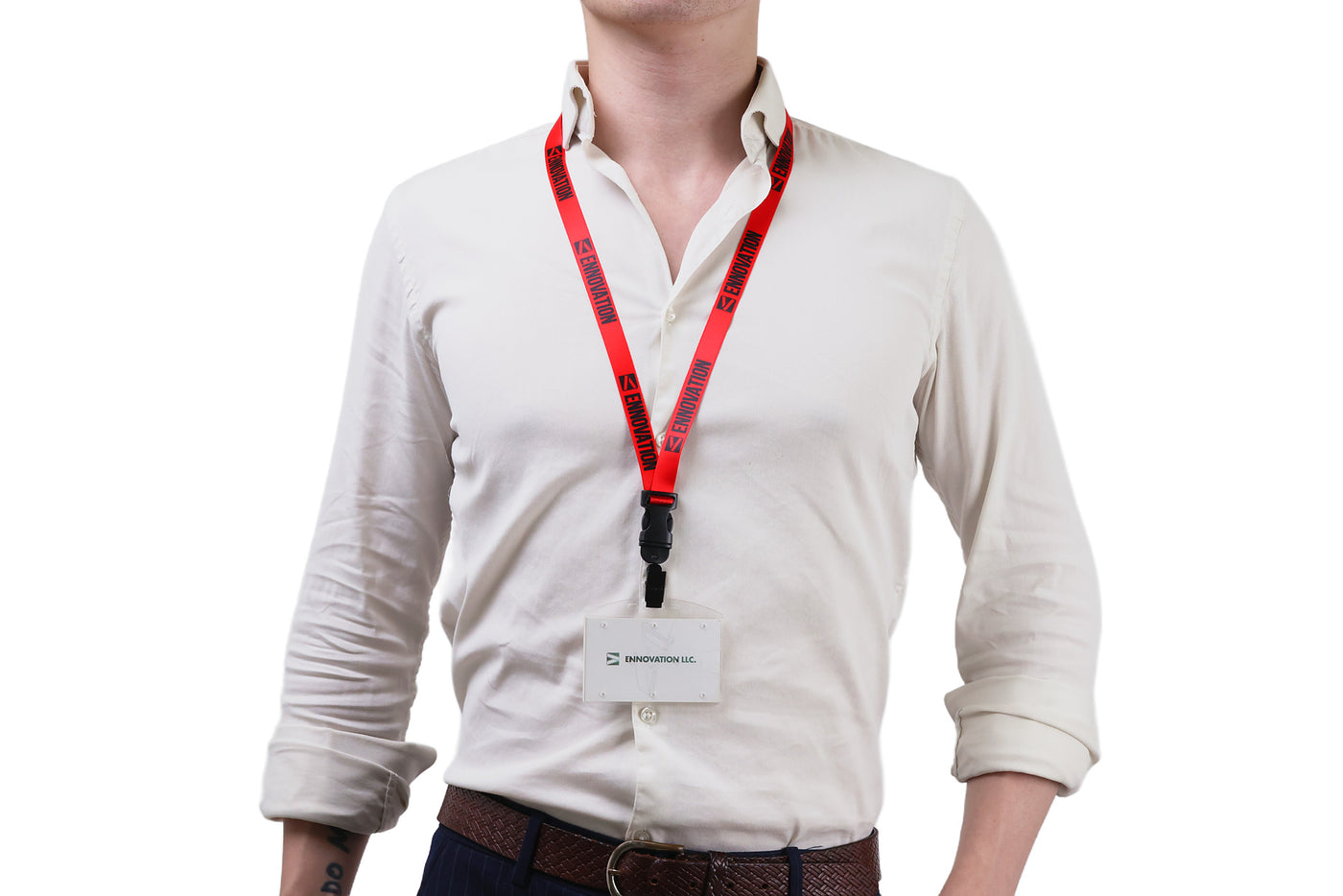Double bulldog clip badge attachment on Ehua Lanyard