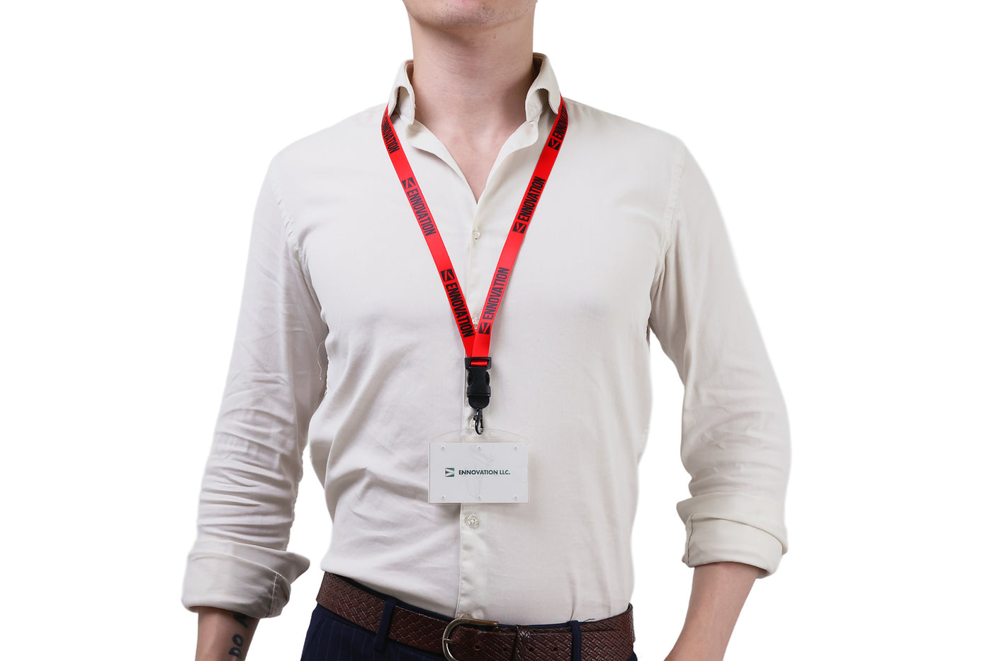 Double bulldog clip badge attachment on Ehua Lanyard