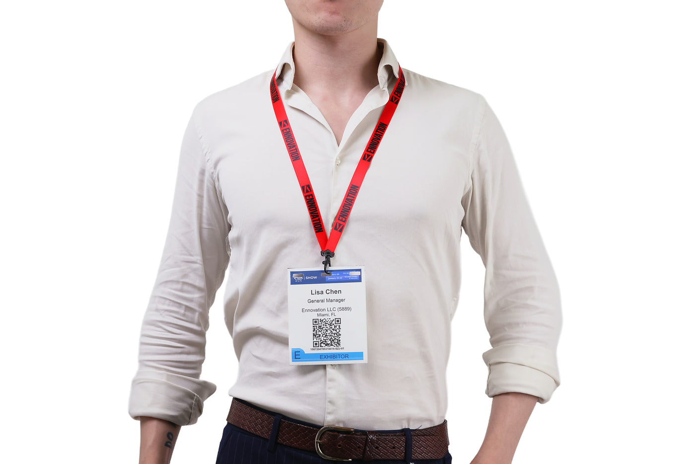 Double bulldog clip badge attachment on Ehua Lanyard