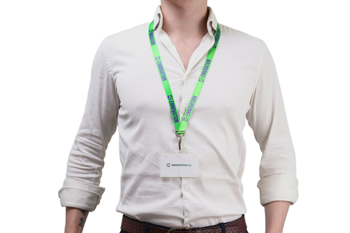 Double bulldog clip badge attachment on Ehua Lanyard