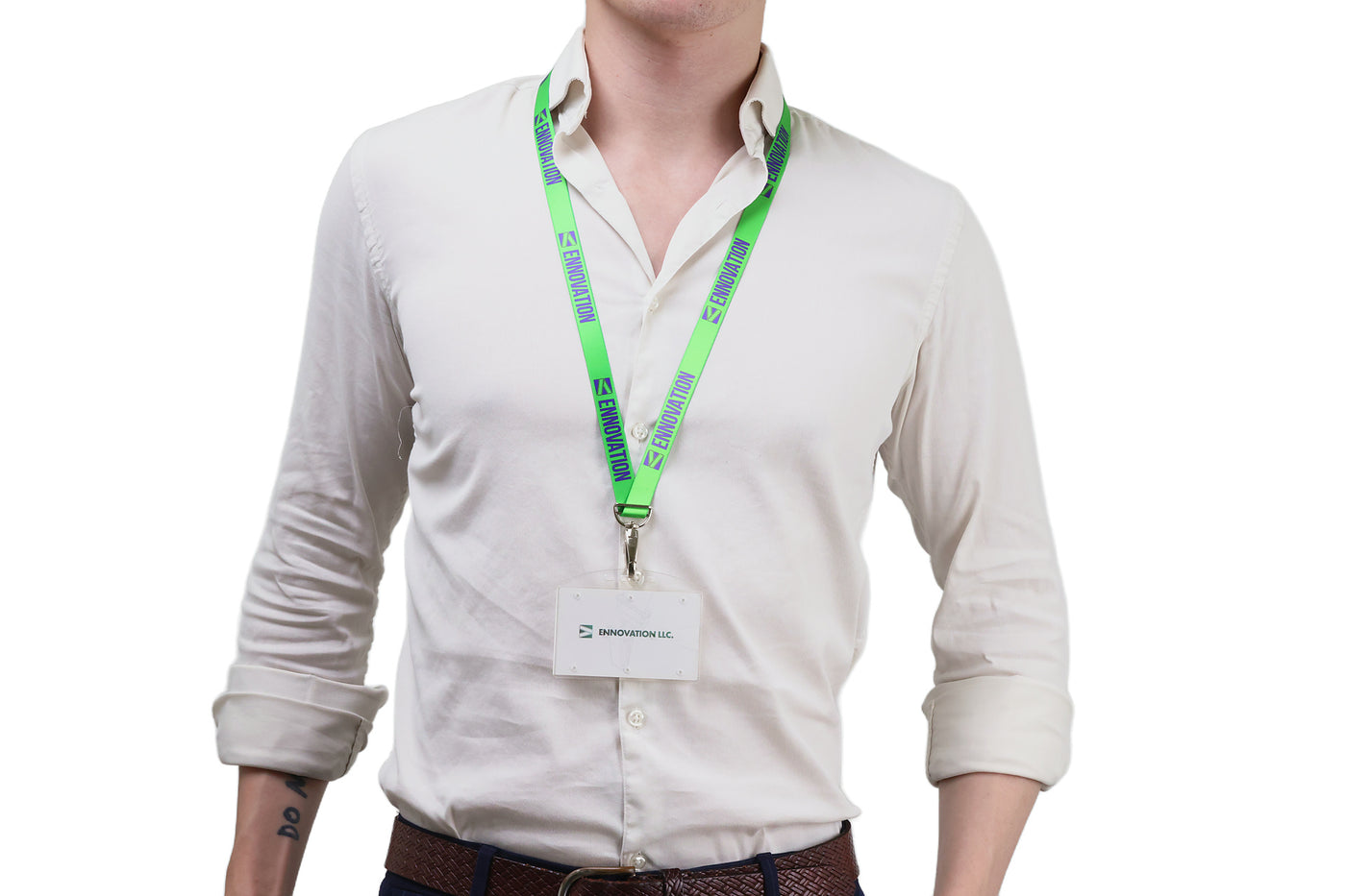 Double bulldog clip badge attachment on Ehua Lanyard