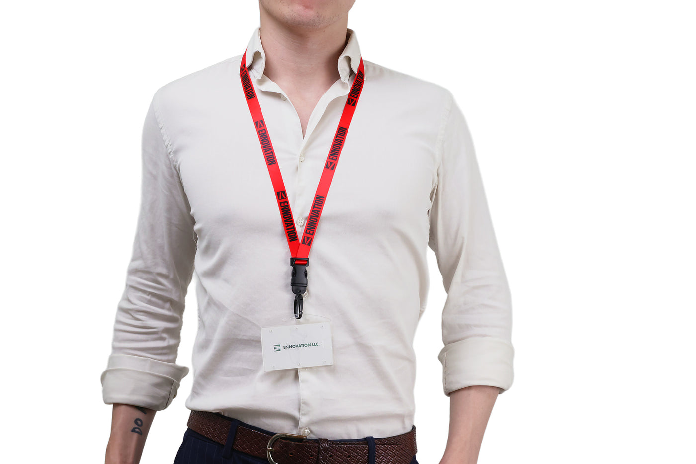 Double bulldog clip badge attachment on Ehua Lanyard