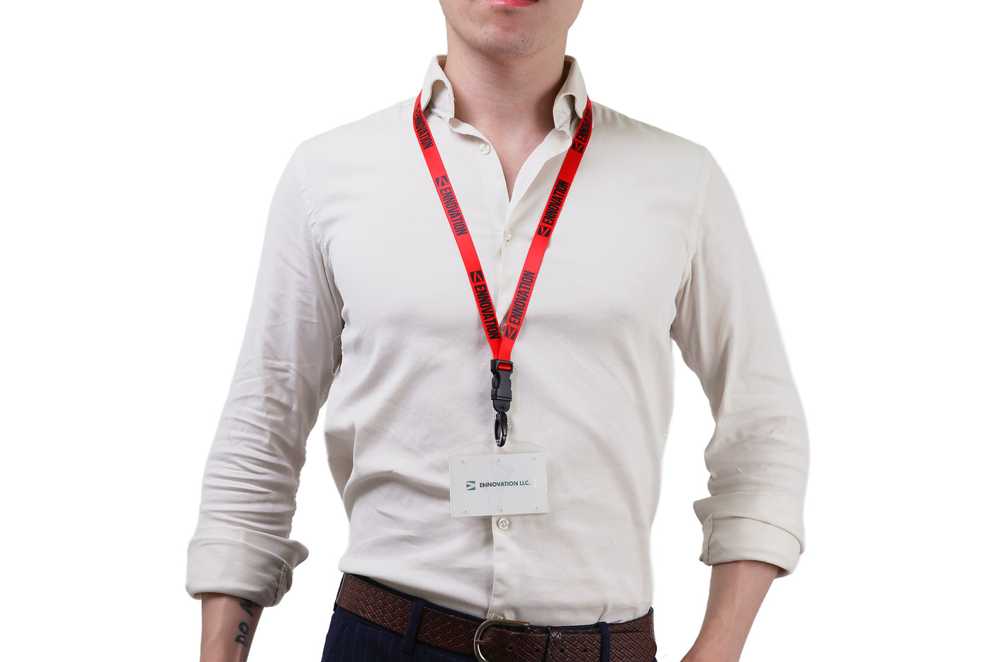 Double bulldog clip badge attachment on Ehua Lanyard