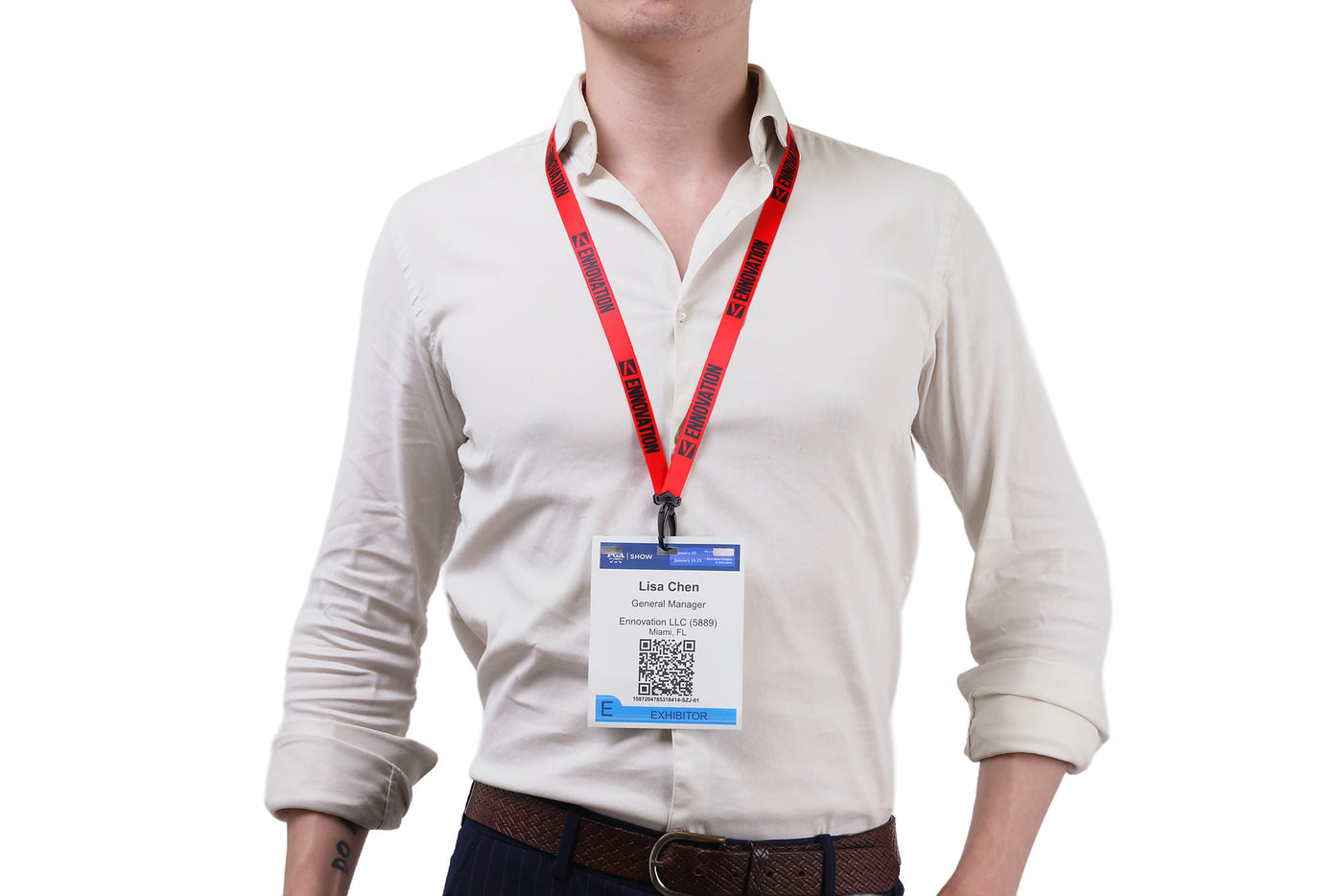 Double bulldog clip badge attachment on Ehua Lanyard