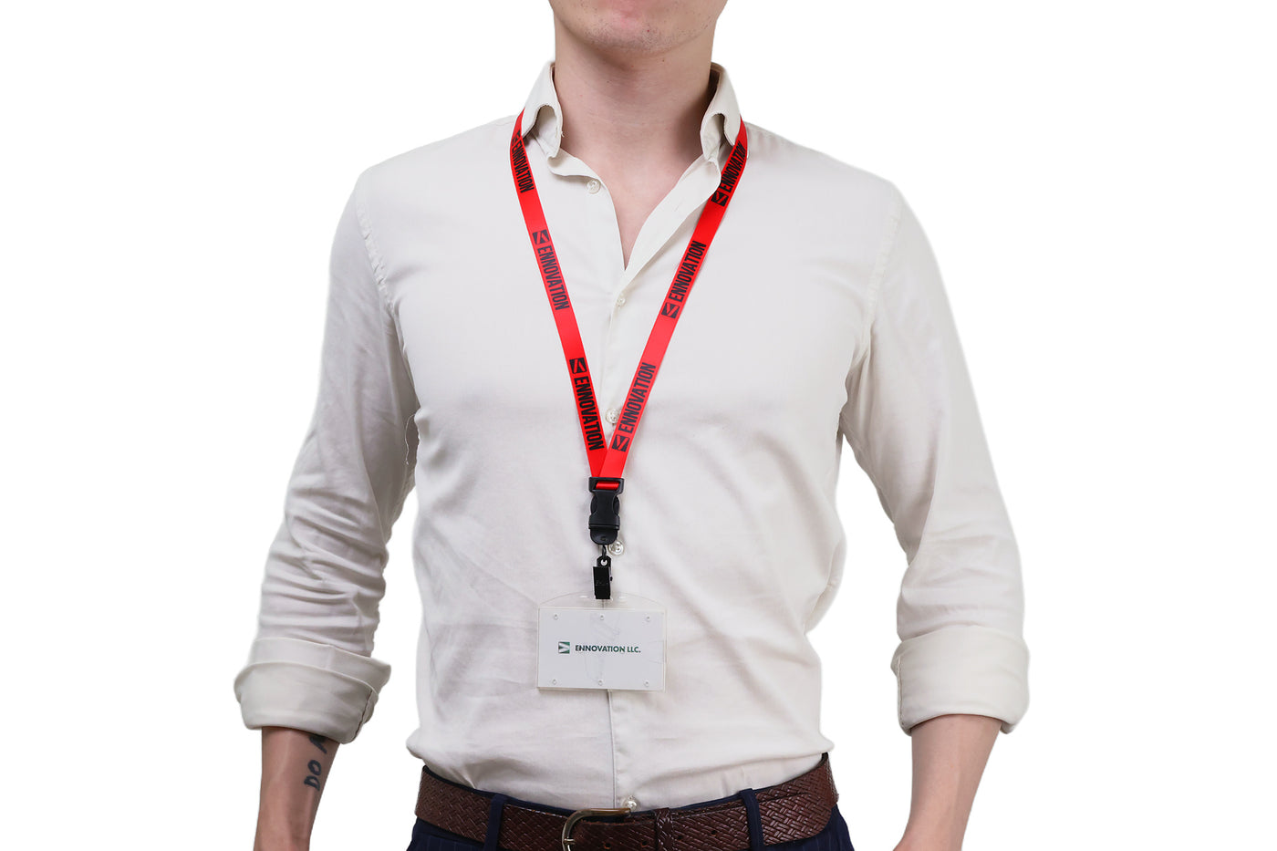 Double bulldog clip badge attachment on Ehua Lanyard