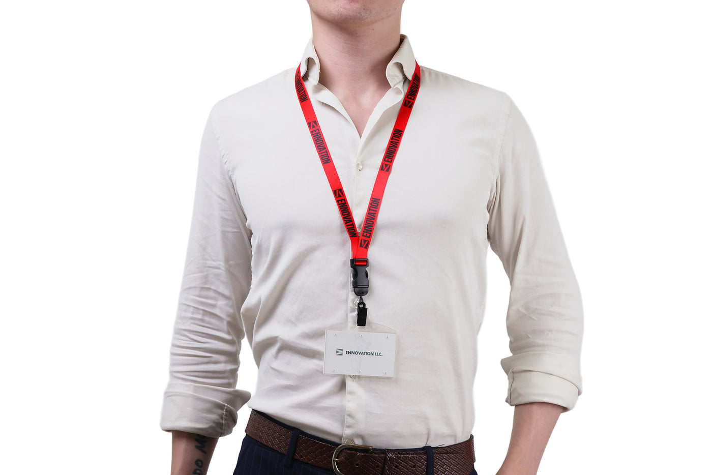 Double bulldog clip badge attachment on Ehua Lanyard