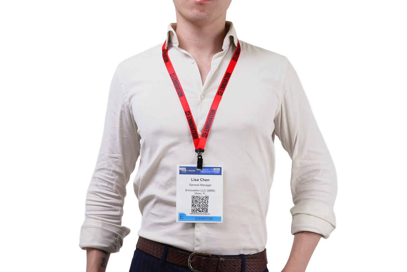 Double bulldog clip badge attachment on Ehua Lanyard