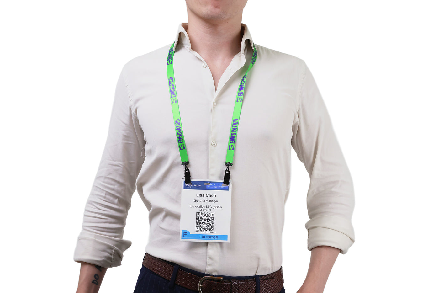 Double bulldog clip badge attachment on Ehua Lanyard