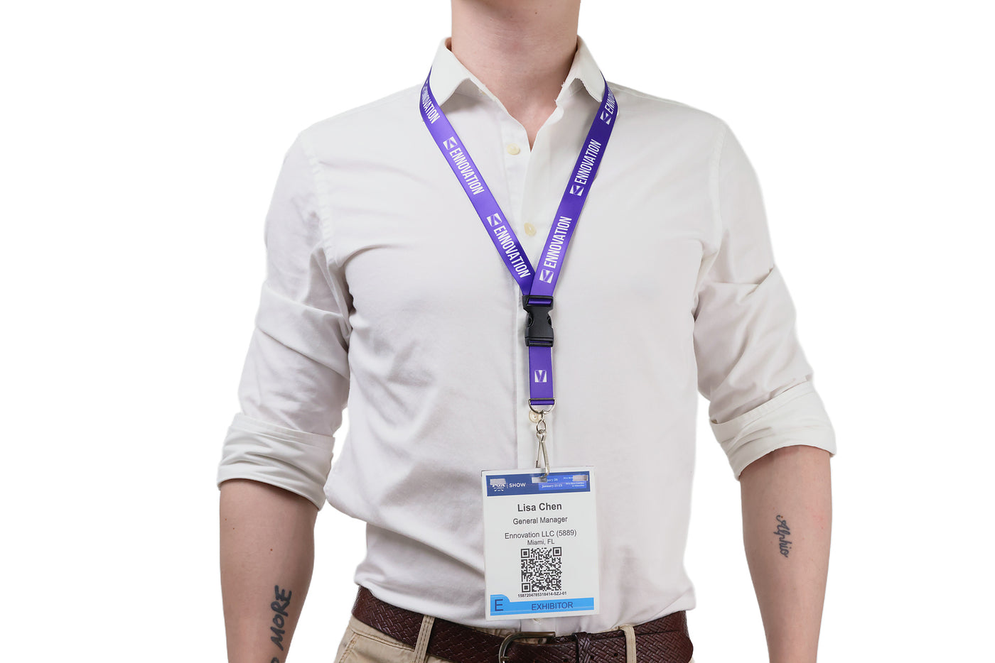 Double bulldog clip badge attachment on Ehua Lanyard