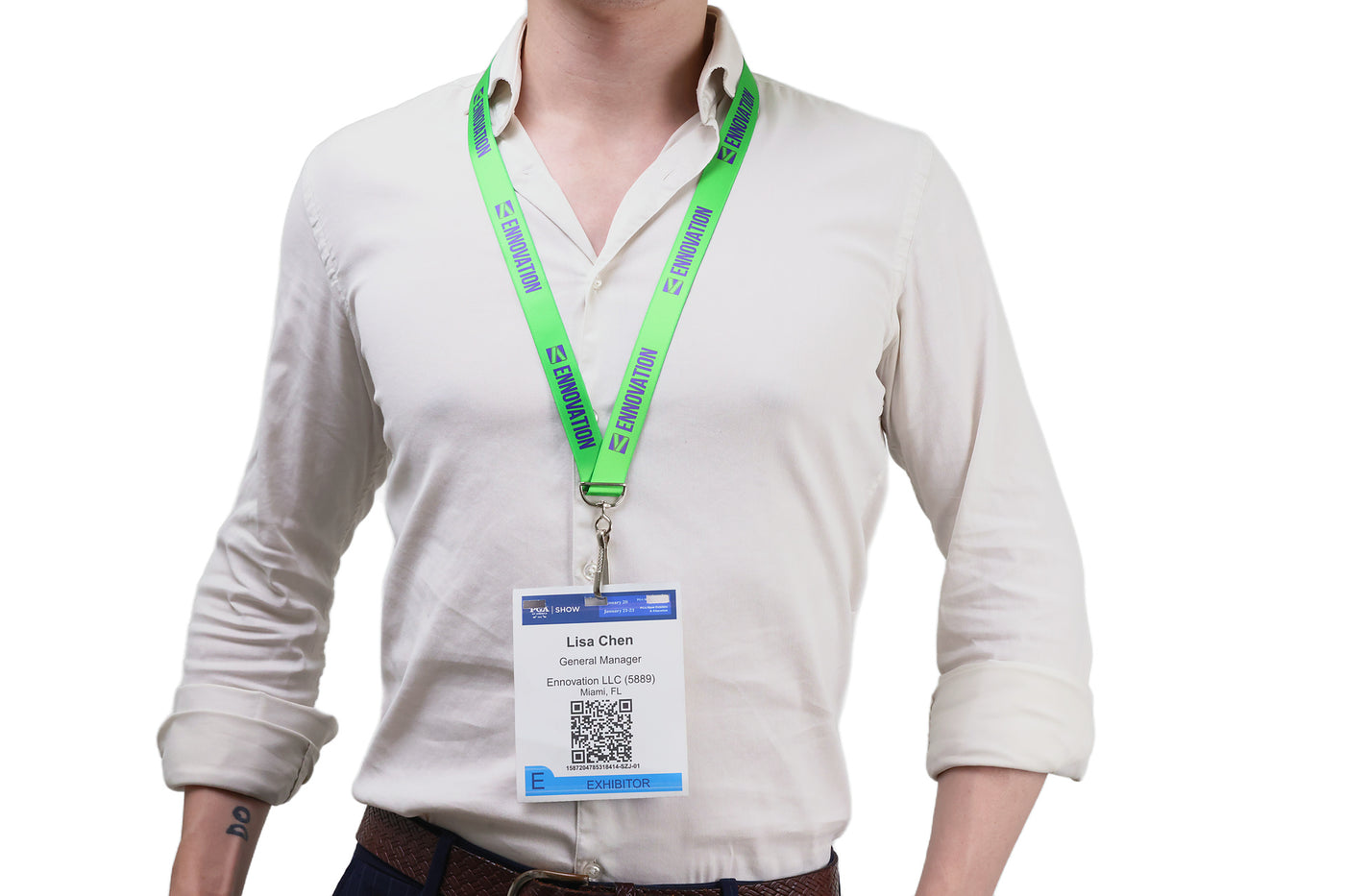 Double bulldog clip badge attachment on Ehua Lanyard