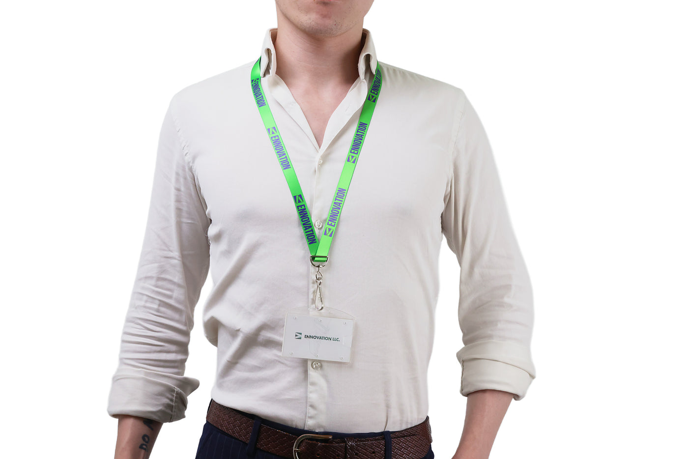 Double bulldog clip badge attachment on Ehua Lanyard