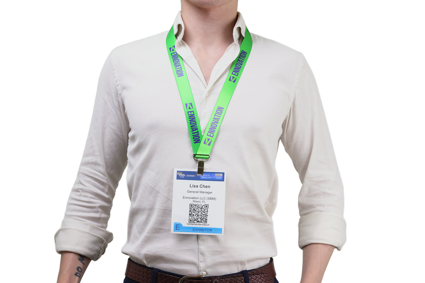 Double bulldog clip badge attachment on Ehua Lanyard