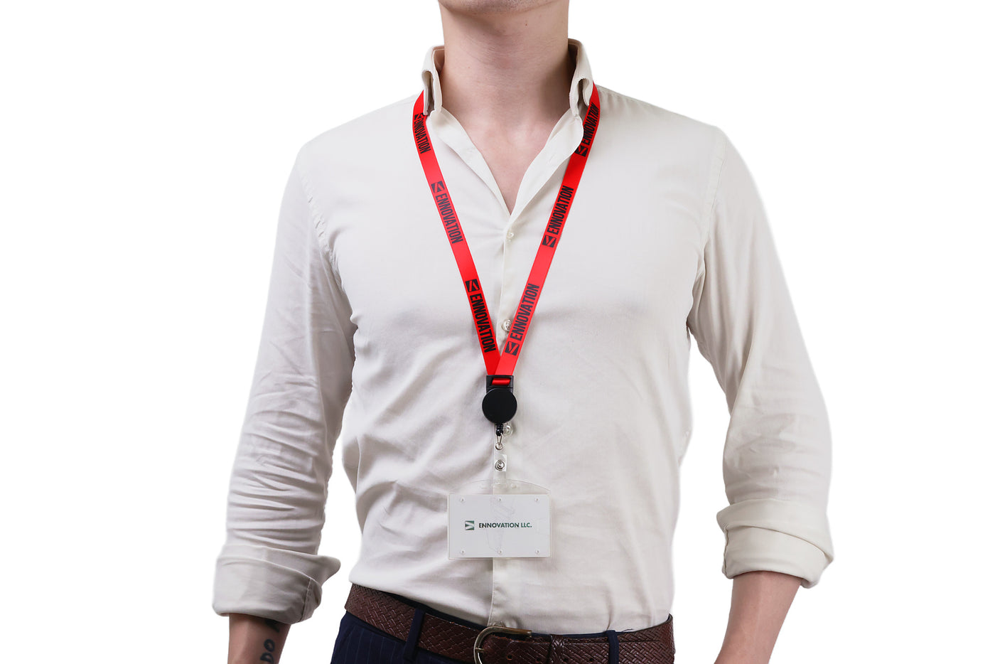 Double bulldog clip badge attachment on Ehua Lanyard