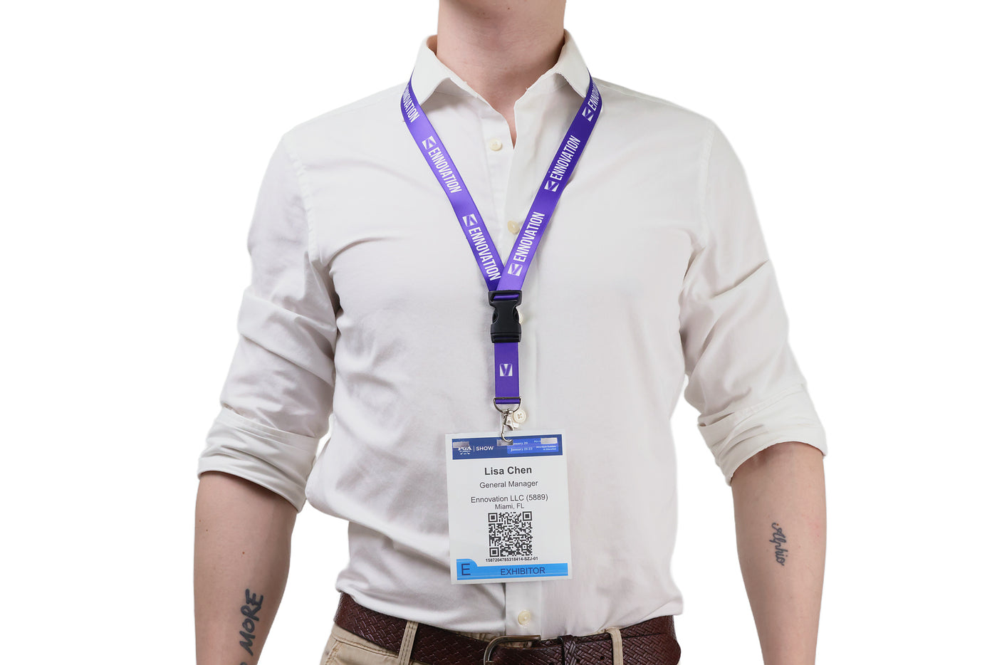 Double bulldog clip badge attachment on Ehua Lanyard