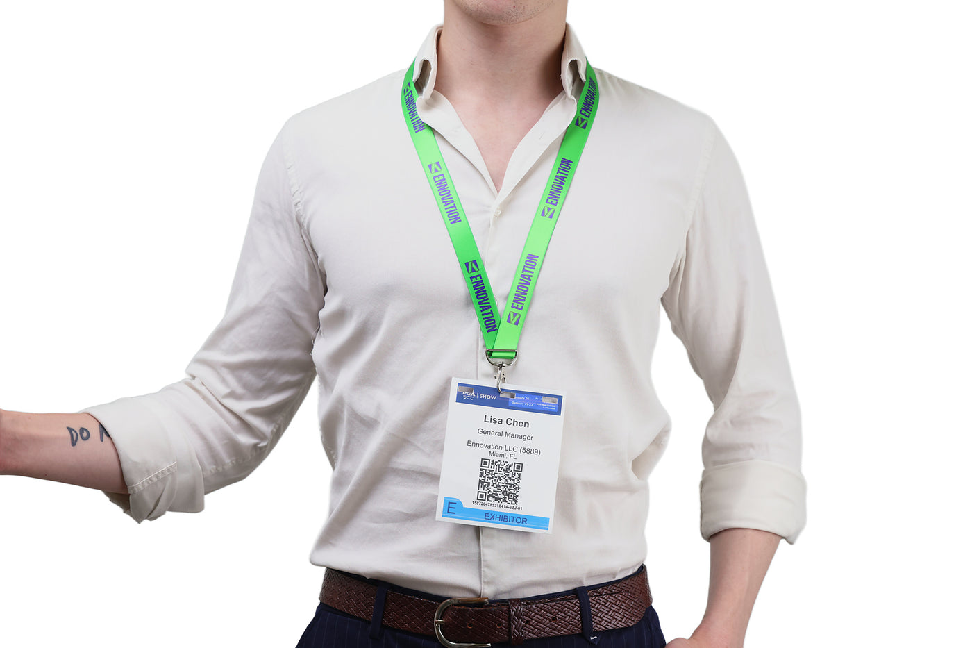 Double bulldog clip badge attachment on Ehua Lanyard