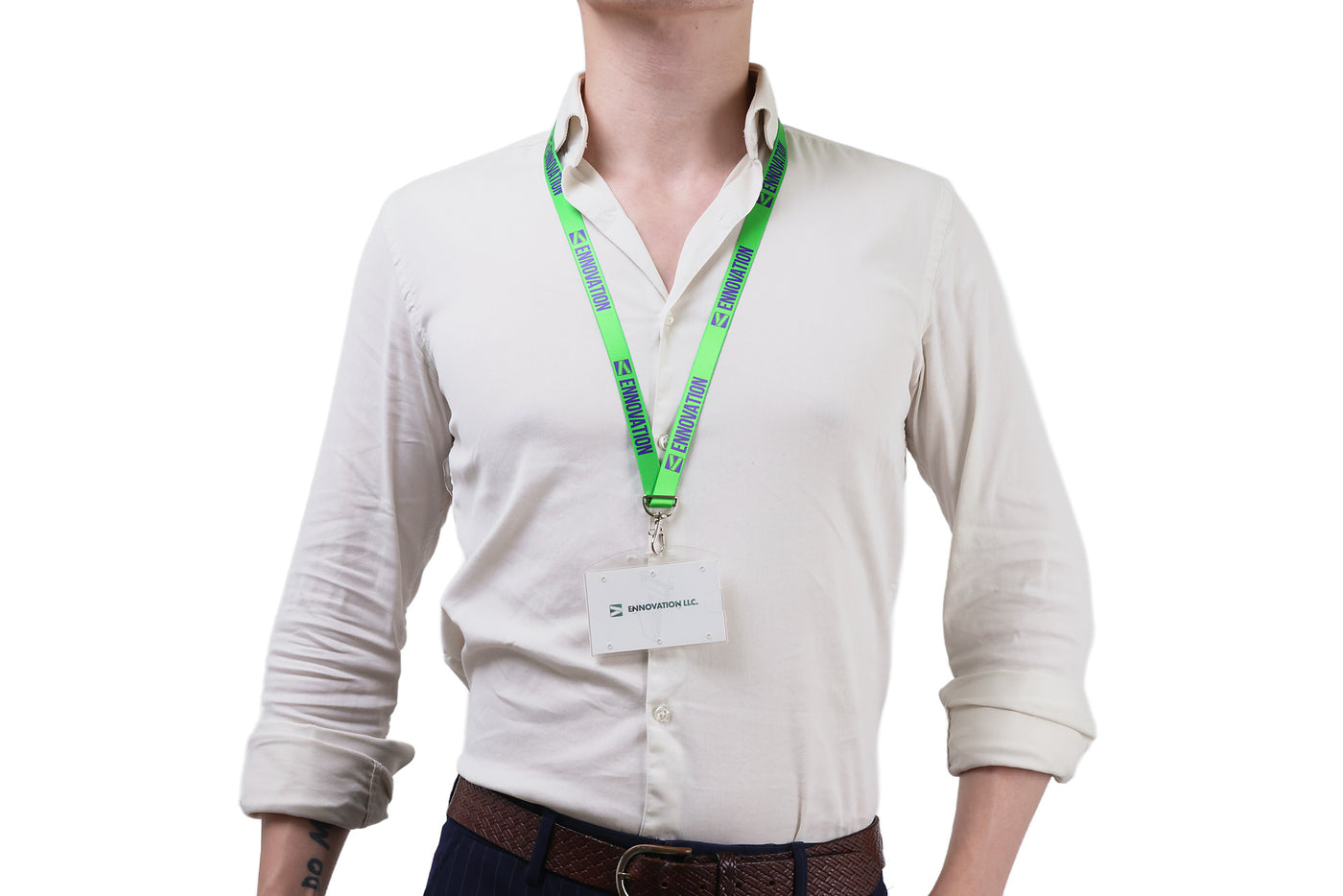 Double bulldog clip badge attachment on Ehua Lanyard