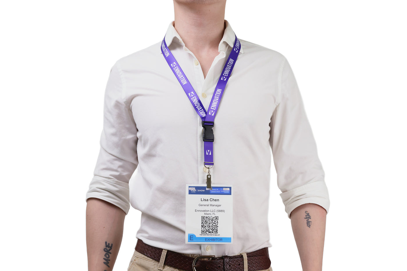 Double bulldog clip badge attachment on Ehua Lanyard