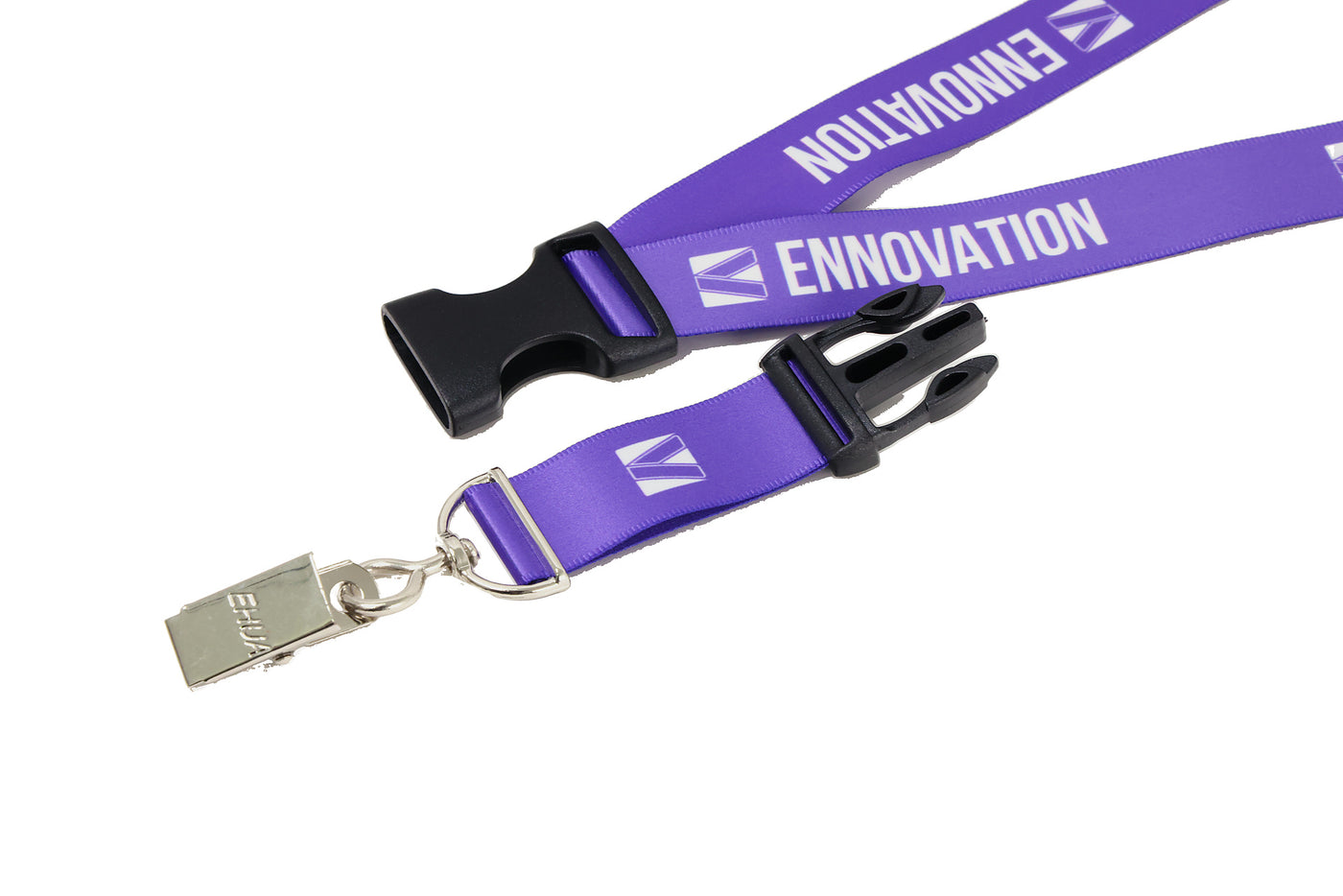Double bulldog clip badge attachment on Ehua Lanyard
