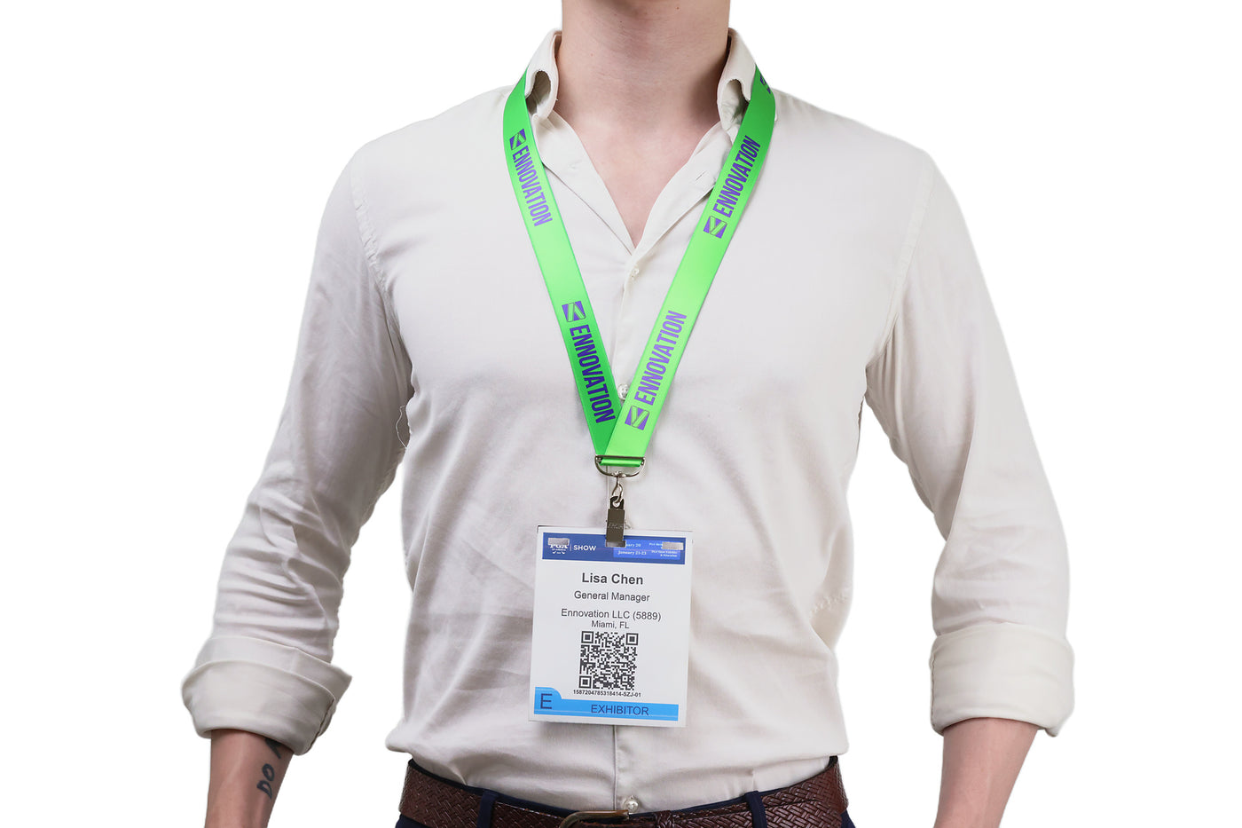 Double bulldog clip badge attachment on Ehua Lanyard