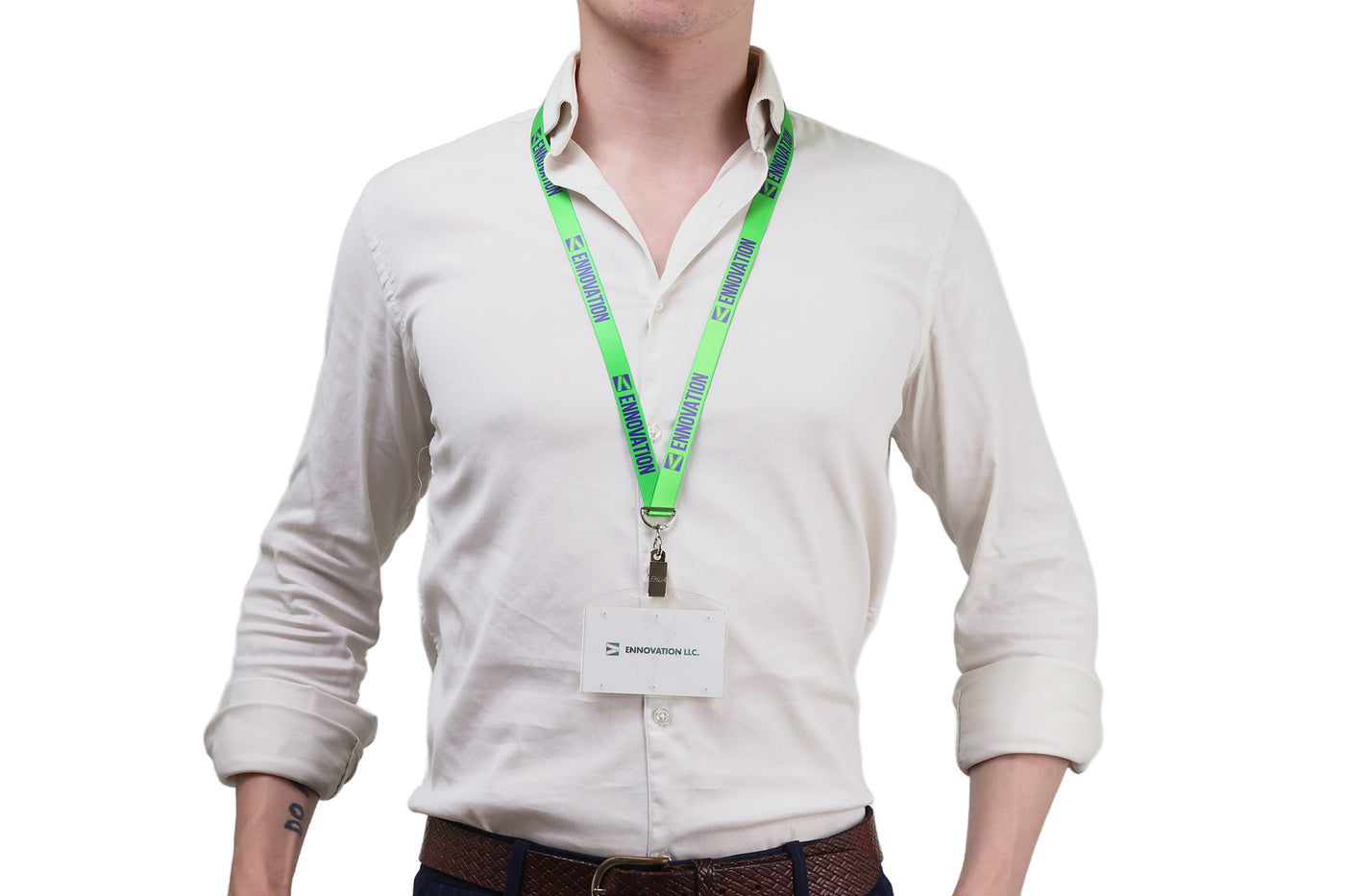 Double bulldog clip badge attachment on Ehua Lanyard