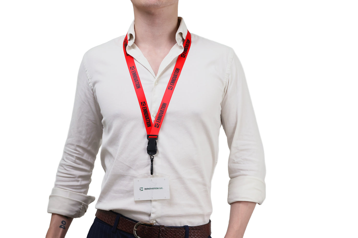 Double bulldog clip badge attachment on Ehua Lanyard