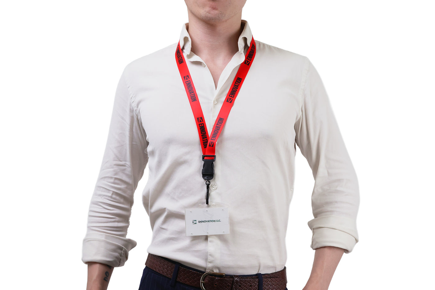 Double bulldog clip badge attachment on Ehua Lanyard