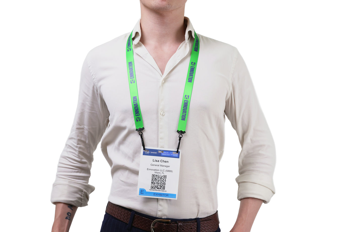 Double bulldog clip badge attachment on Ehua Lanyard