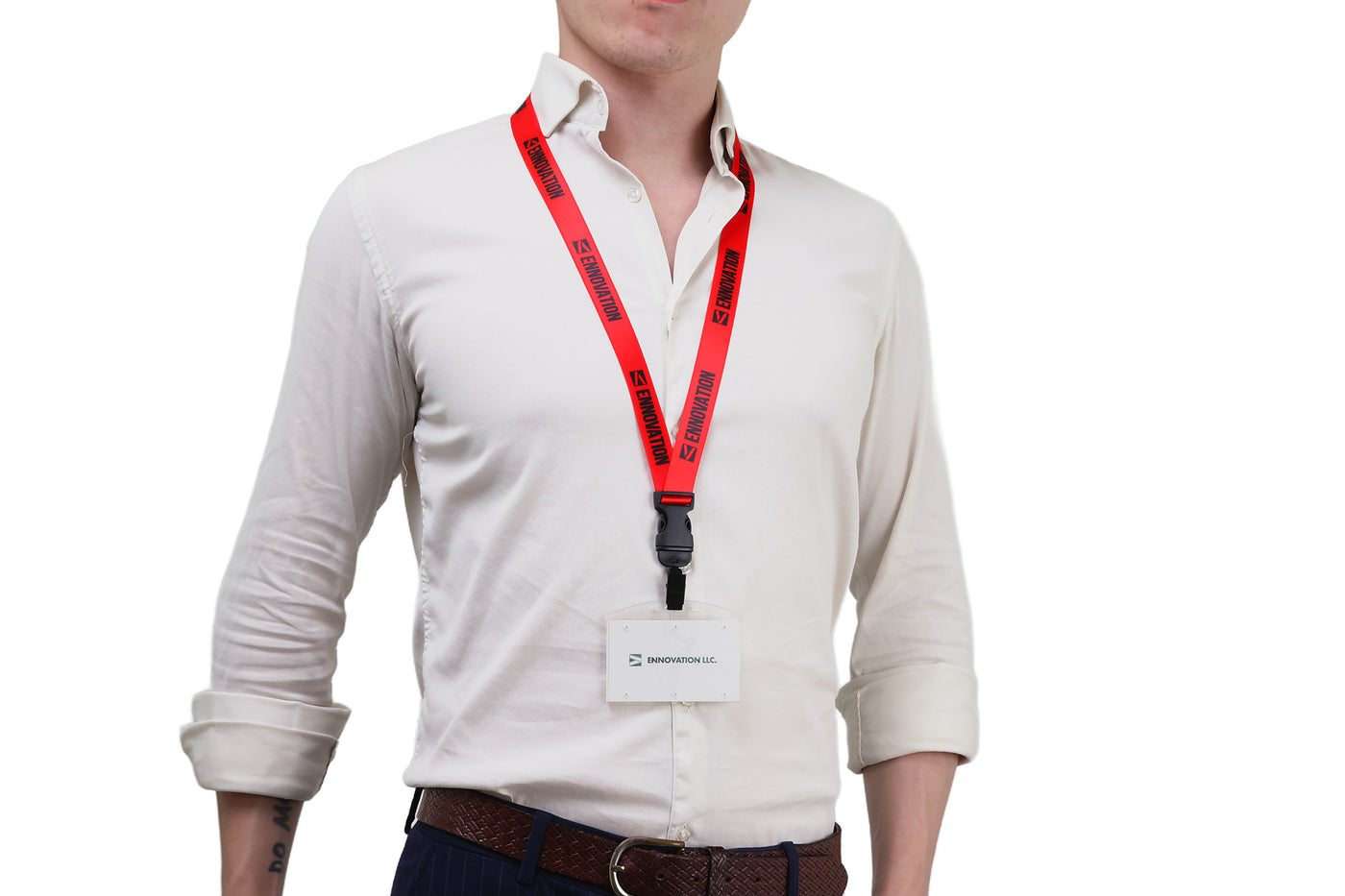 Double bulldog clip badge attachment on Ehua Lanyard