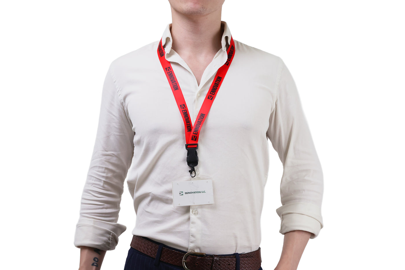 Double bulldog clip badge attachment on Ehua Lanyard