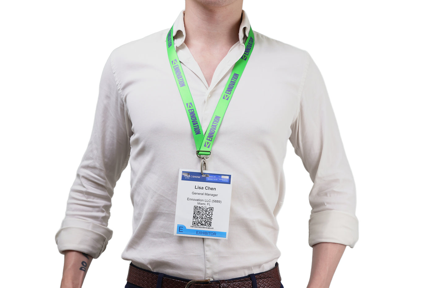 Double bulldog clip badge attachment on Ehua Lanyard