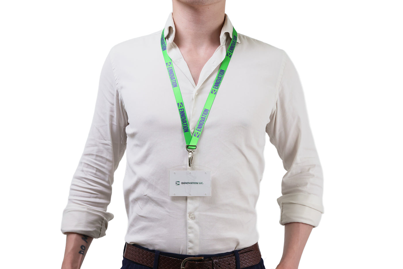 Double bulldog clip badge attachment on Ehua Lanyard