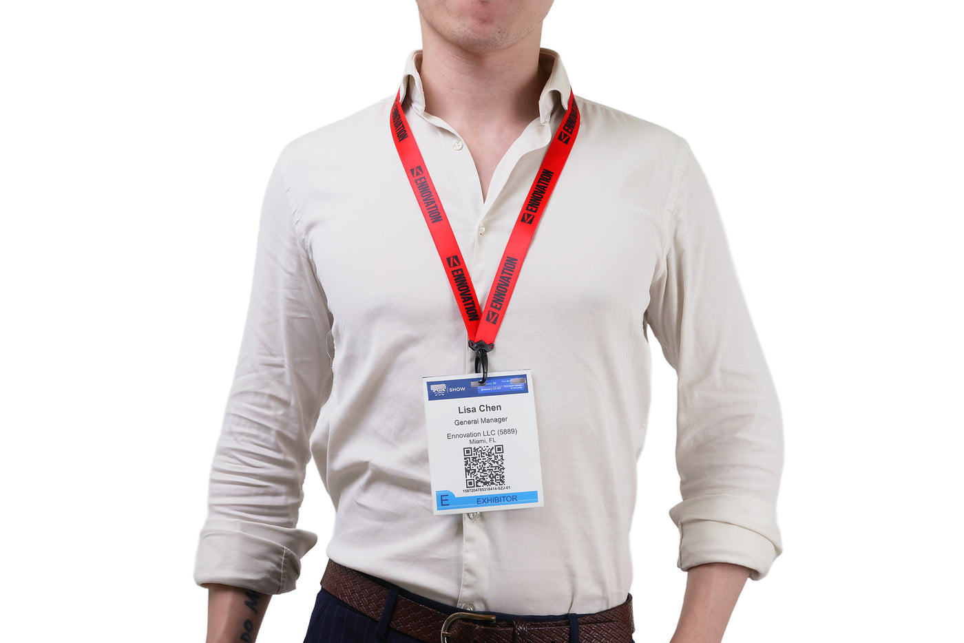 Double bulldog clip badge attachment on Ehua Lanyard