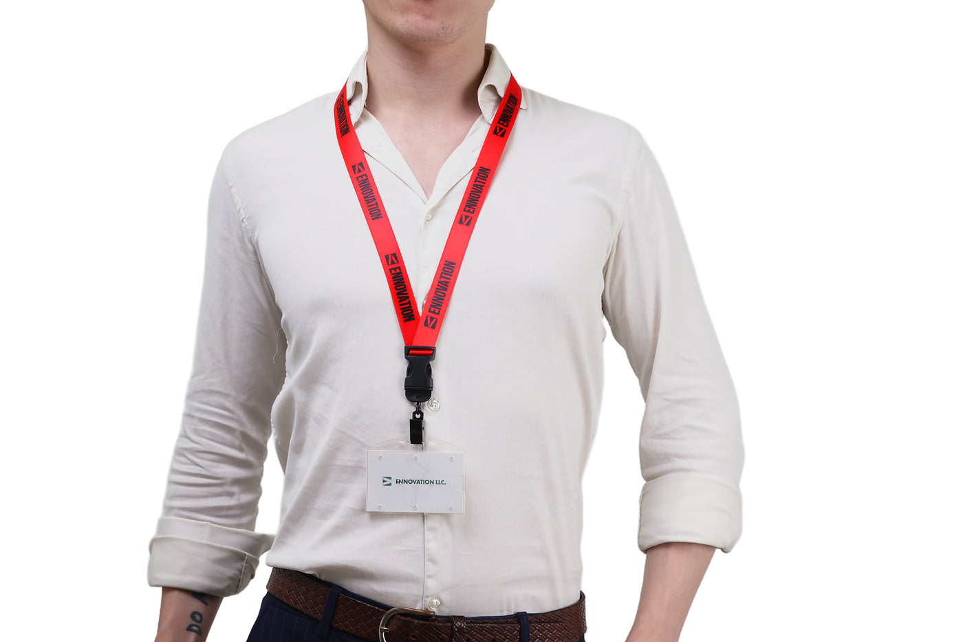 Double bulldog clip badge attachment on Ehua Lanyard