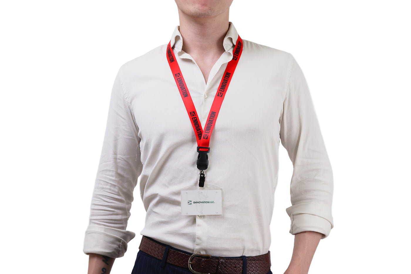 Double bulldog clip badge attachment on Ehua Lanyard