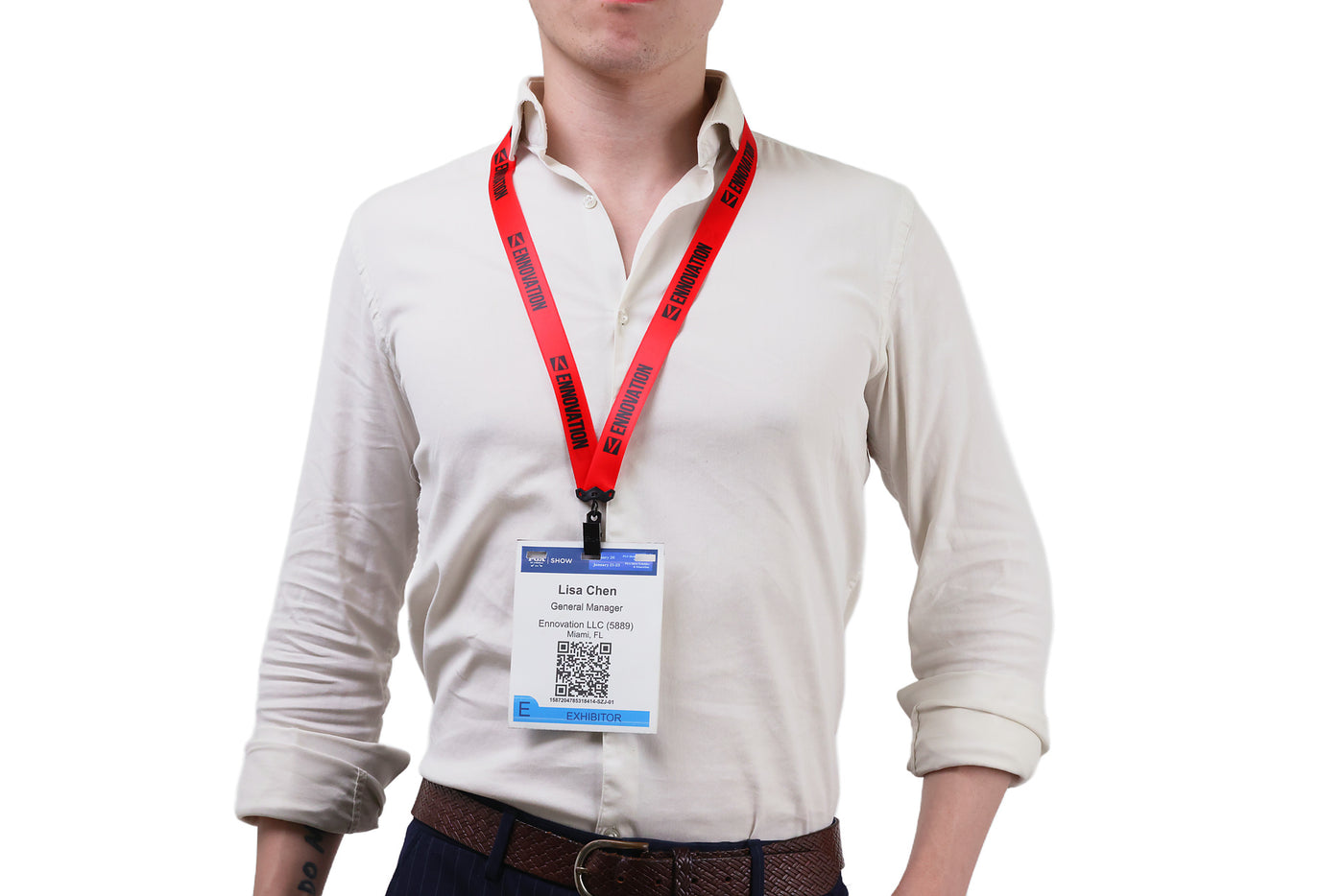 Double bulldog clip badge attachment on Ehua Lanyard