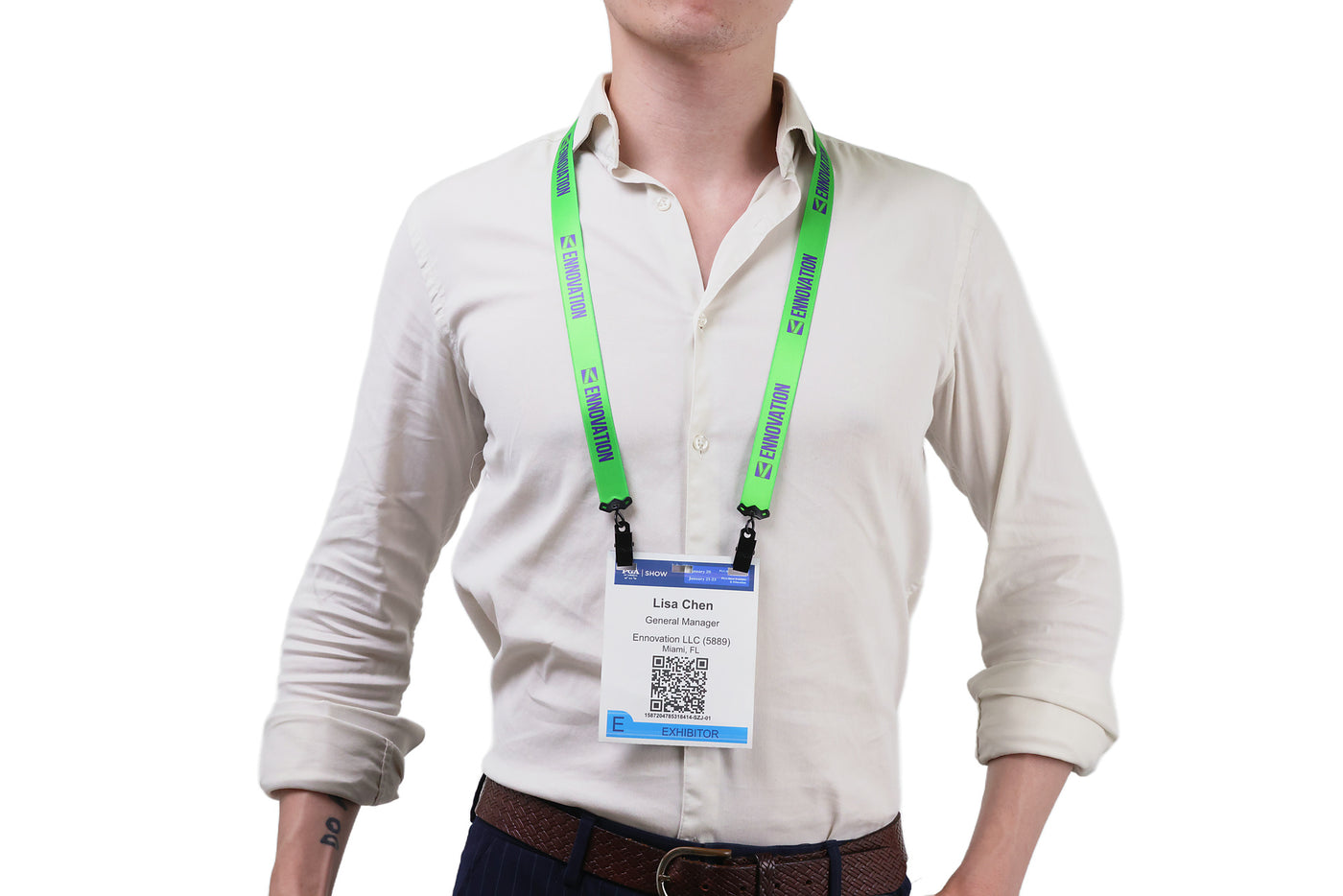 Double bulldog clip badge attachment on Ehua Lanyard