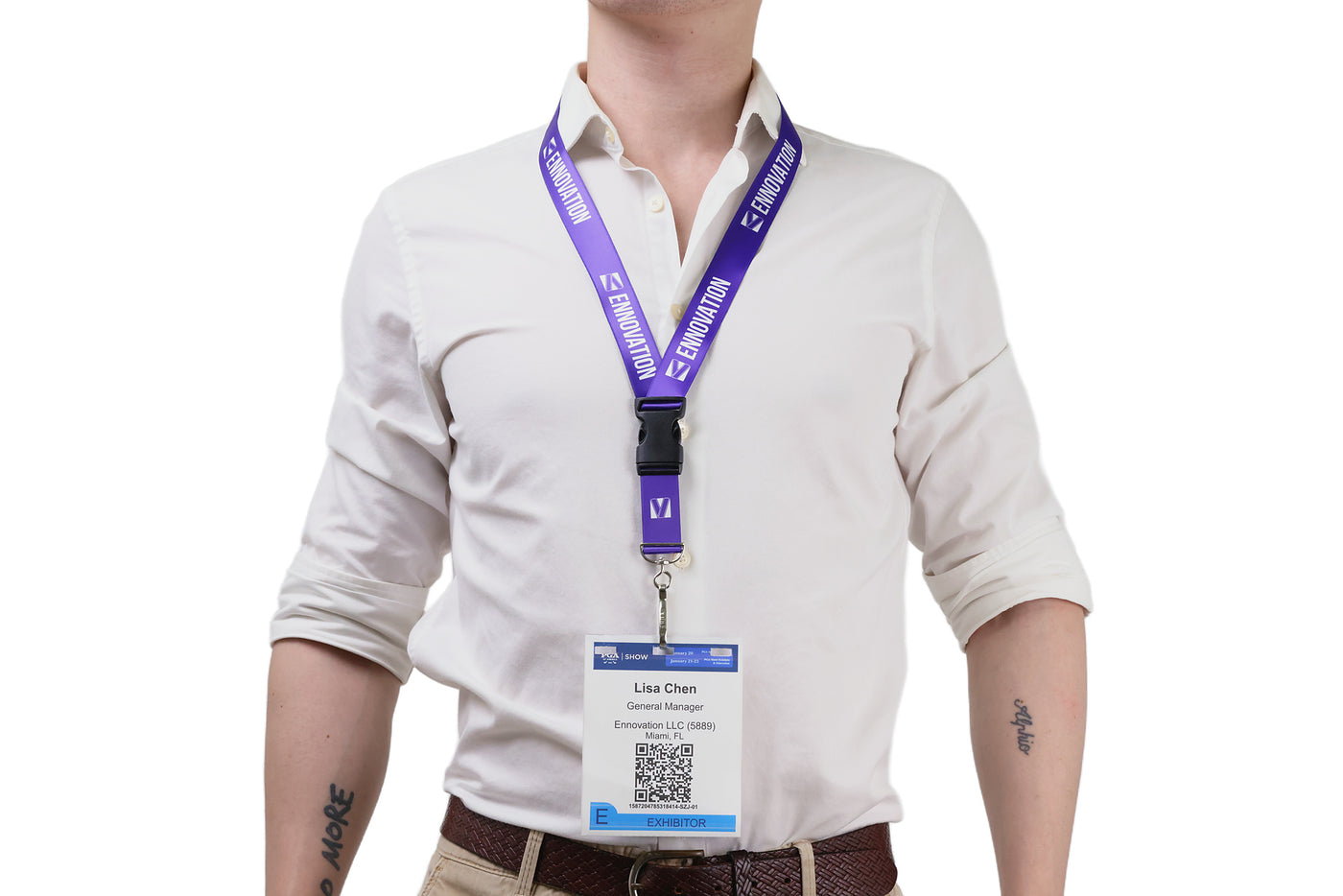 Double bulldog clip badge attachment on Ehua Lanyard