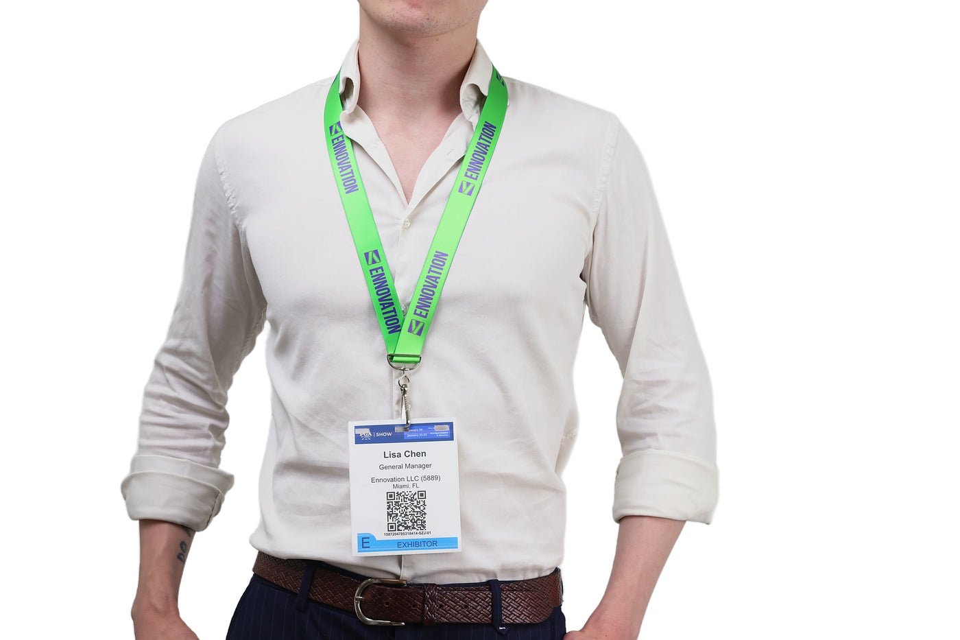 Double bulldog clip badge attachment on Ehua Lanyard